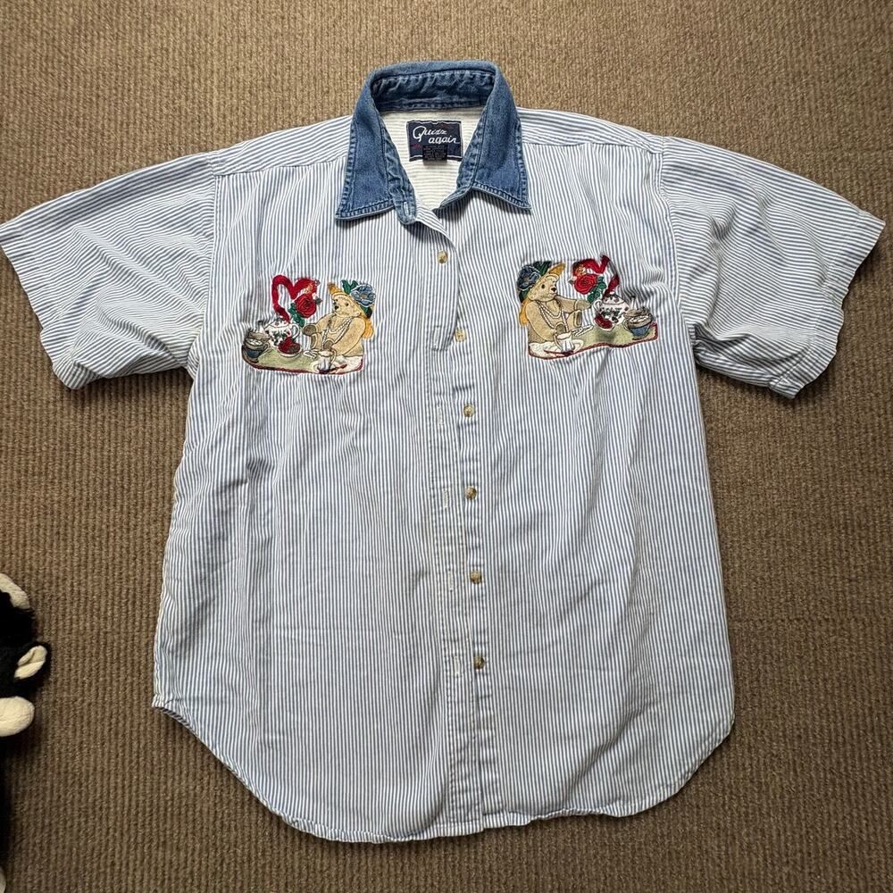 Vintage Quizz Again Button Up Shirt Women med Blue Teddy Bear pinstriped S/S Top